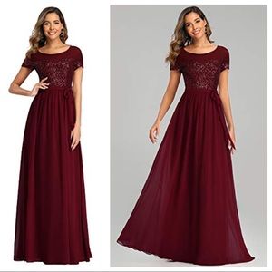 NWT ❤️ EVER PRETTY Sequin and Chiffon Short Sleeve Evening Gown in Burgu…